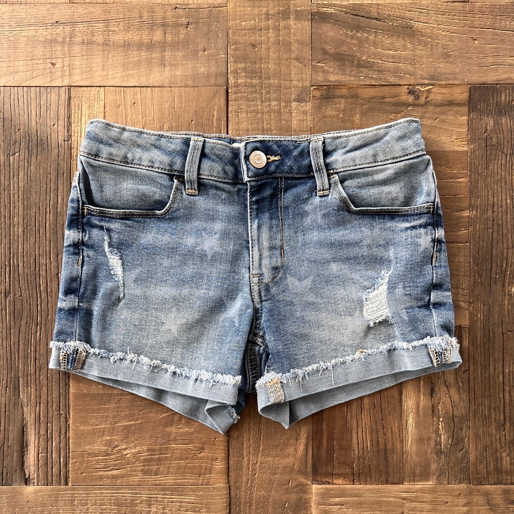 SO Girls Blue Distressed Denim Shorts Star Frayed Hem Stretch Sz 12 (fits 10/12)